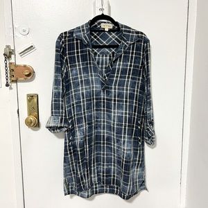 Anthropologie Cloth & Stone Blue Wash Collared Pocketed Plaid Shirt Dress